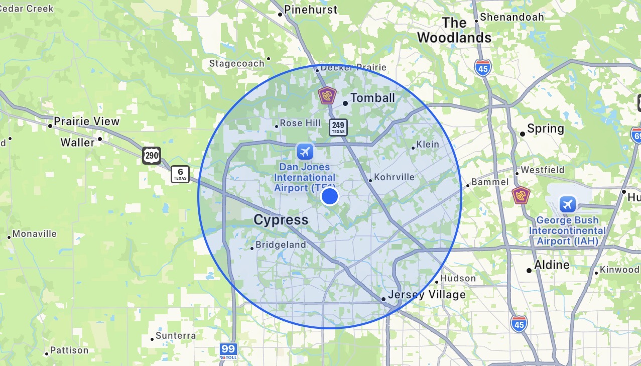 10-mile service radius map around Cypress, Texas